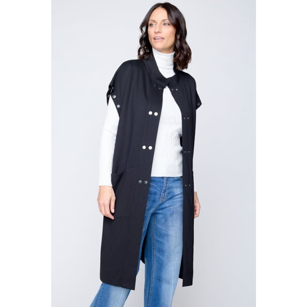 Women's Black Coat Cardigan Size M Removable Sleeves Button-Up Midi Length NWT